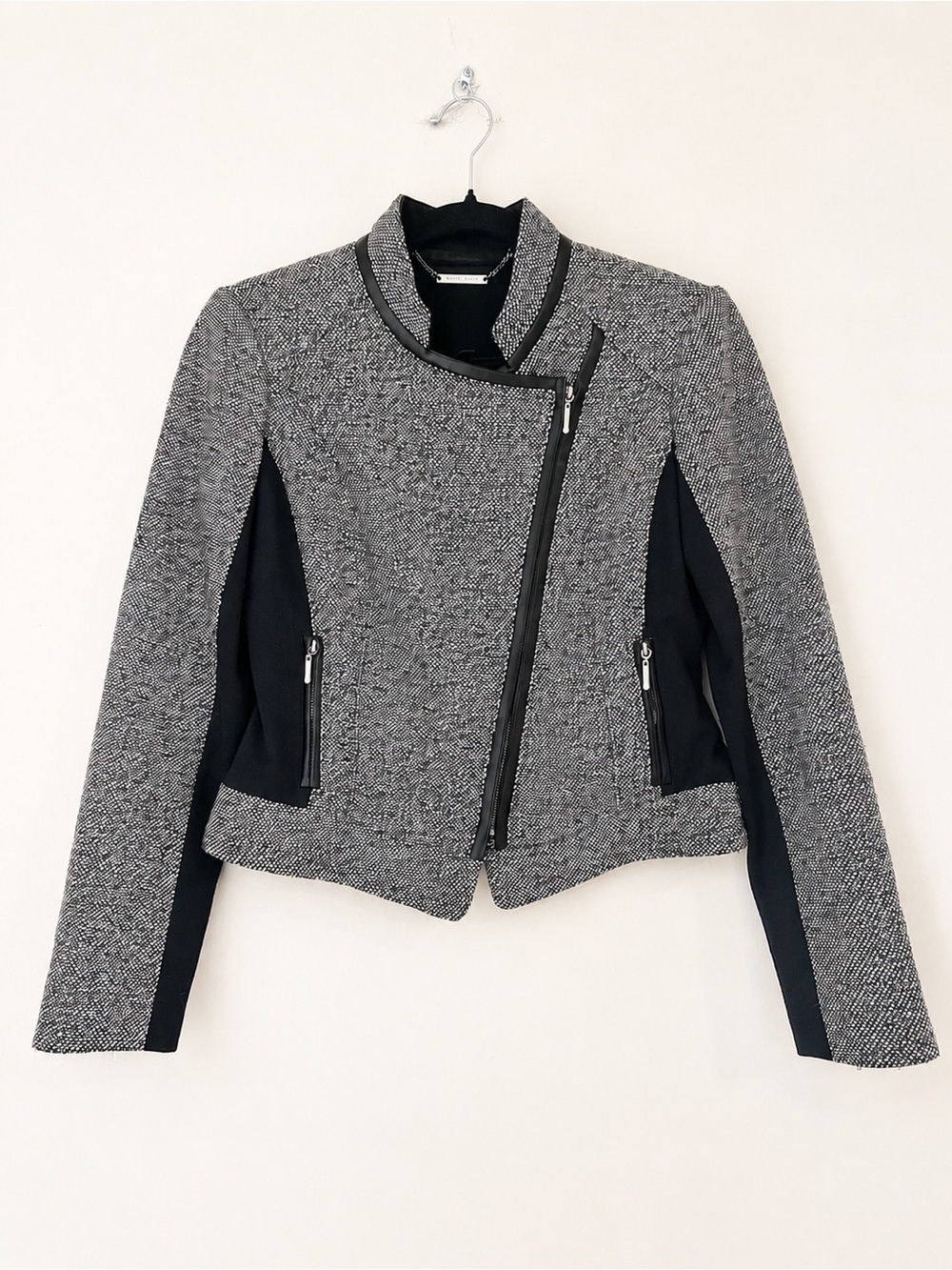 White House Black Market Moto Jacket Size 0 Tweed Mixed Media Zip Blazer